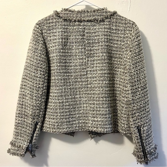 J. Crew Gray Cream Tweed Cropped Jacket Blazer w/ Pockets Fringe Trim - Picture 8 of 10